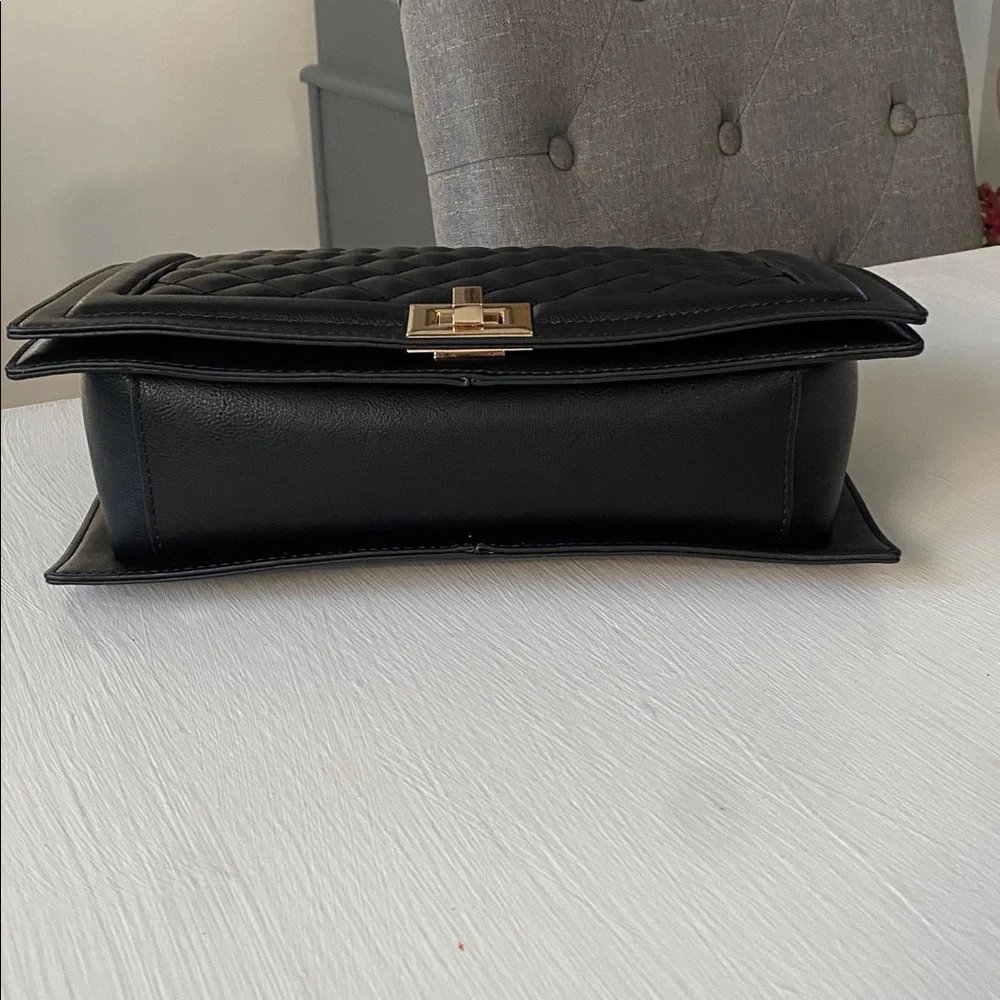 INC Black Leather Quilted Flap Crossbody Shoulder Bag Gold Turn-Lock Chain